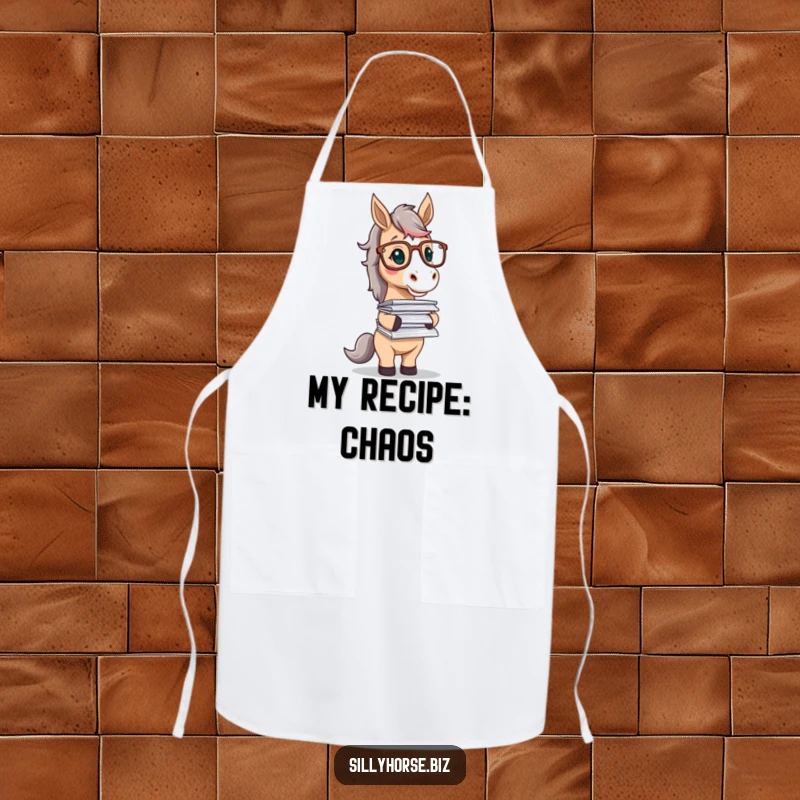 Funny apron featuring a horse character in glasses, playfully balancing a stack of papers, symbolizing kitchen experiments with humor.