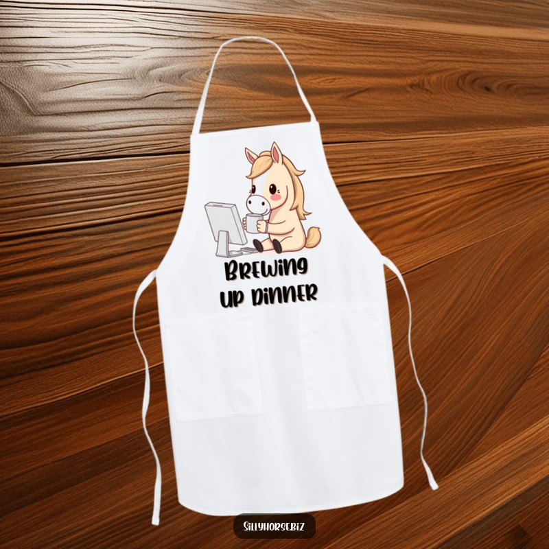 Funny apron featuring a horse character holding a coffee mug, smiling at a computer screen, perfect for a coffee break.