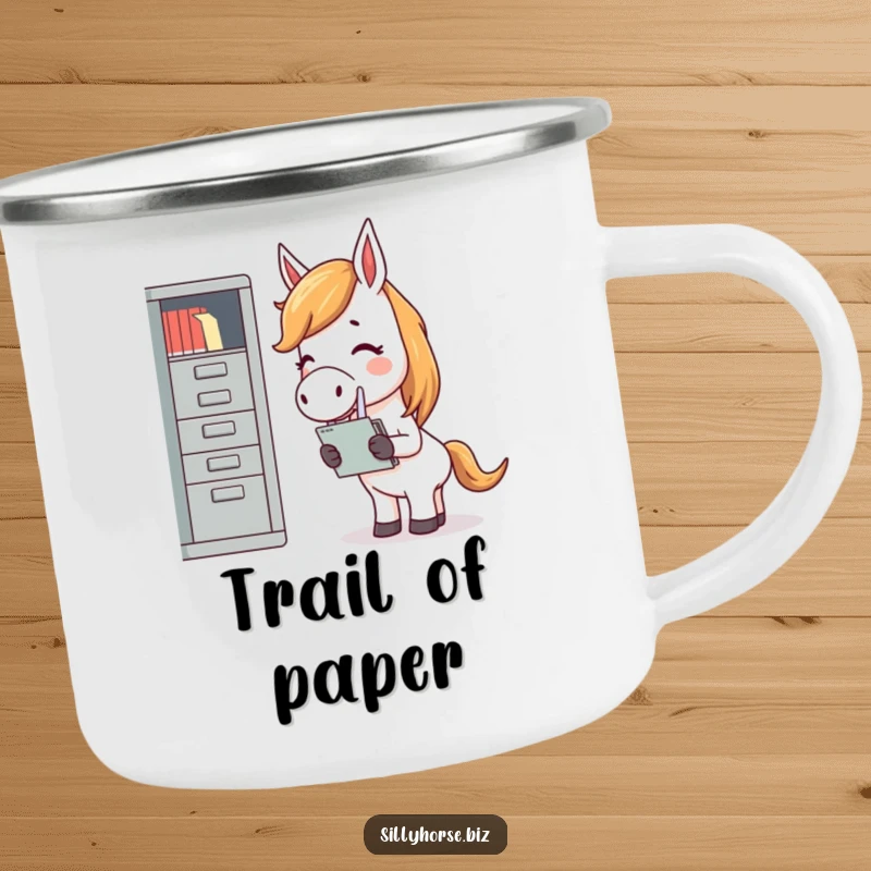 Funny camping mug with a giggling horse, laughing uncontrollably while trying to file documents into a tiny, impractical cabinet.