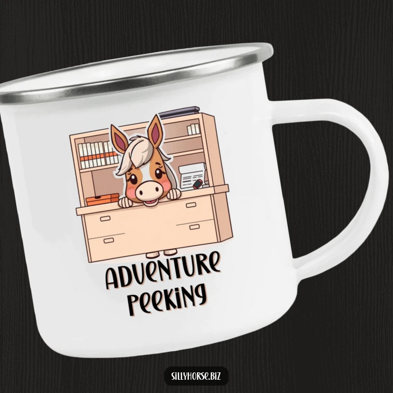 Funny camping mug featuring a horse character peeking from behind a large desk with excitement, ready for adventure.