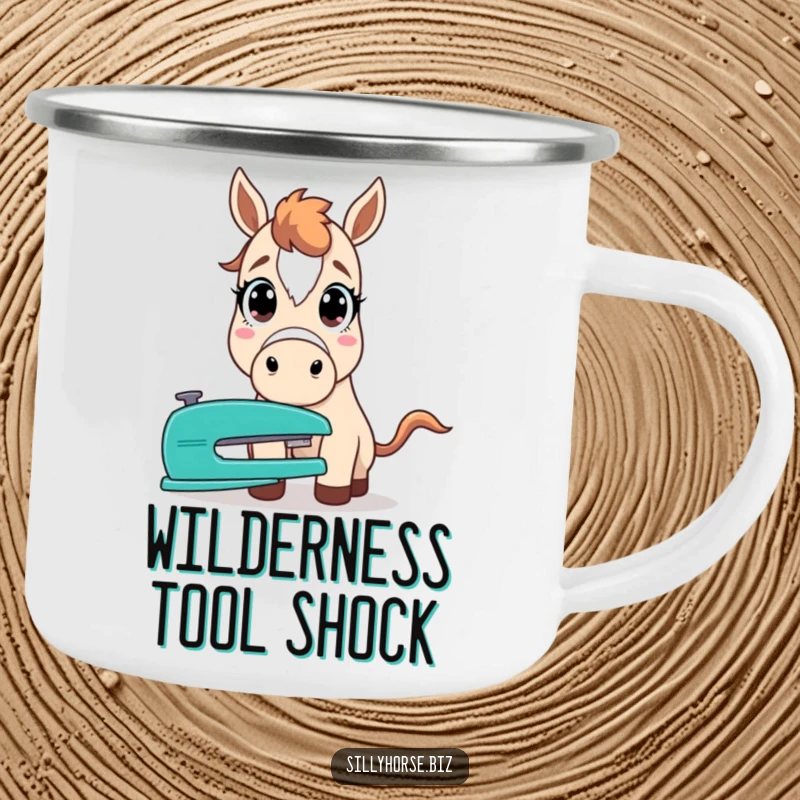 Funny camping mug with a horse wide-eyed in surprise, staring intensely at a simple office stapler, great outdoors humor.