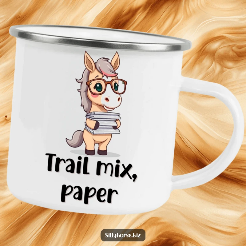 Funny camping mug featuring a horse character in glasses, playfully balancing a stack of papers, for moments of outdoor wisdom.