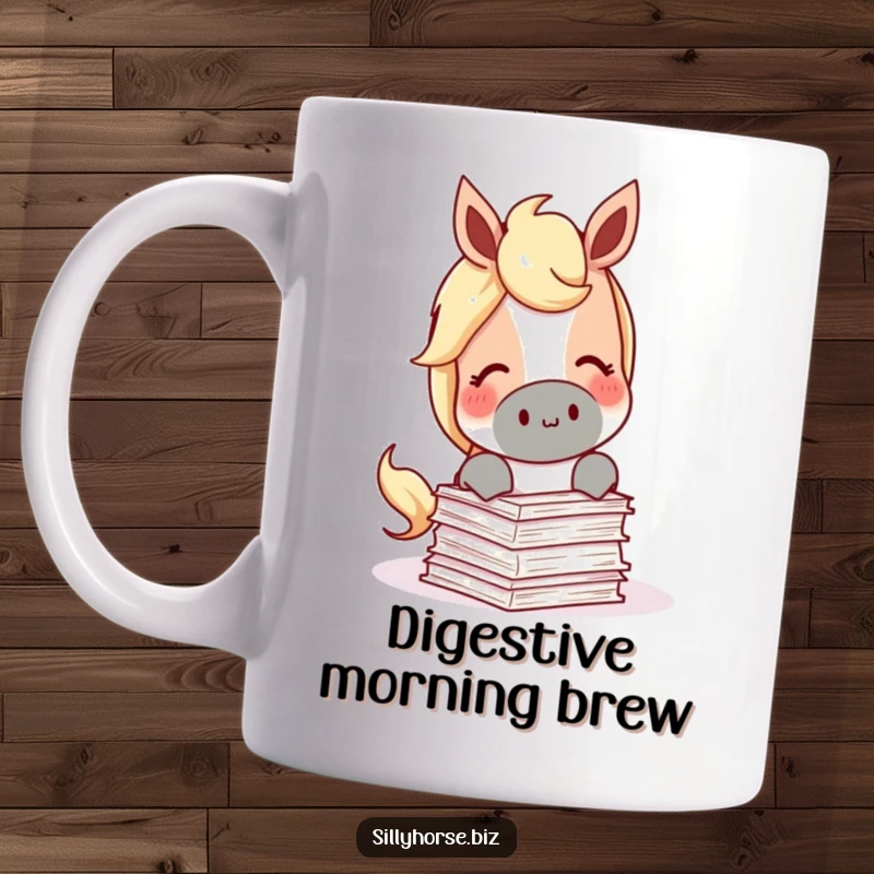 Funny Mug featuring a content horse happily munching on a miniature stack of papers, symbolizing a love for reading.
