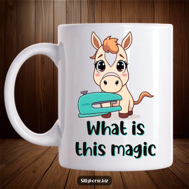 Funny mug showing a horse with comically wide eyes, staring in utter shock at a simple office stapler, surprised reaction.