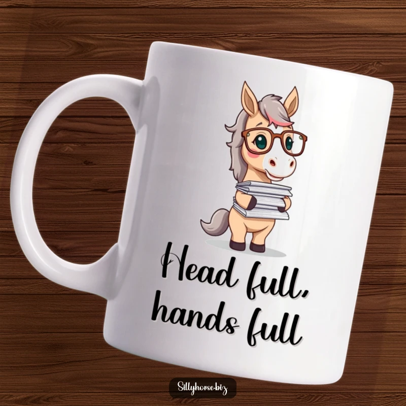 Funny mug of a horse character wearing glasses, playfully balancing a tall stack of papers with a focused yet slightly strained expression.