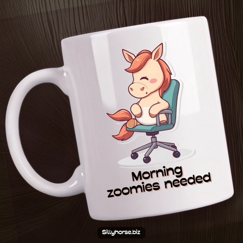 Funny Mug showing an energetic horse playfully nudging a rolling office chair, capturing hilarious office disruption.