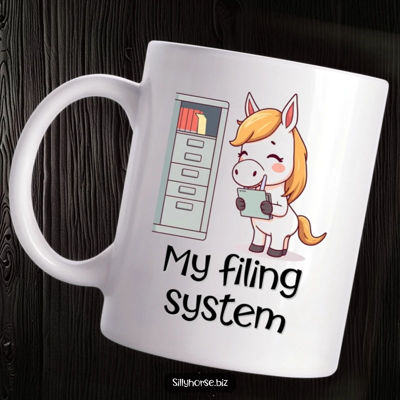 Funny mug with a giggling horse, eyes crinkled, trying to force papers into an impossibly small cabinet, office chaos.