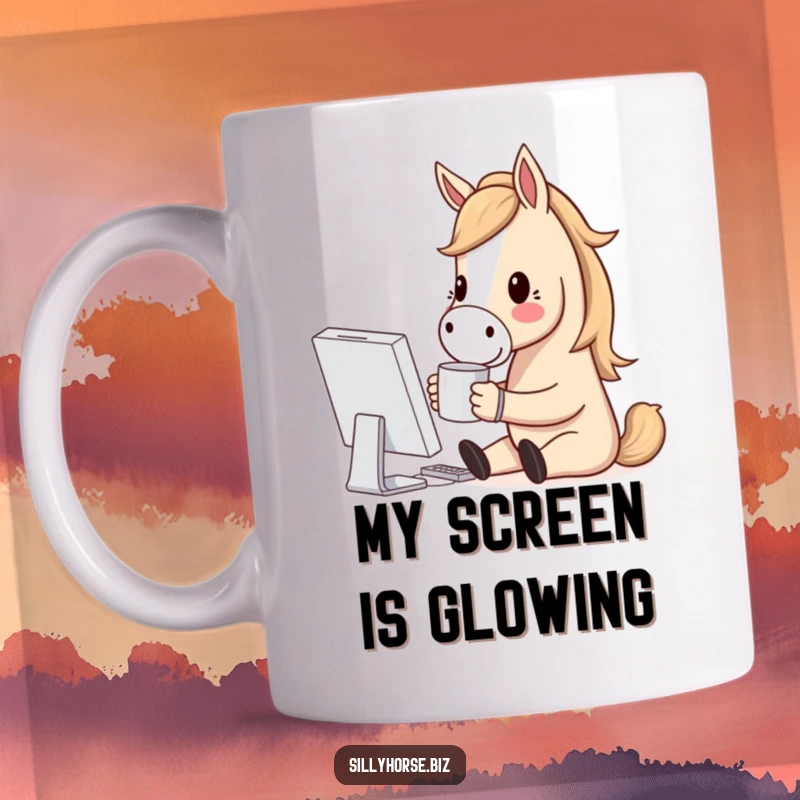 Funny mug of a happy horse character holding a coffee mug, smiling contentedly at a computer screen, enjoying its digital world.