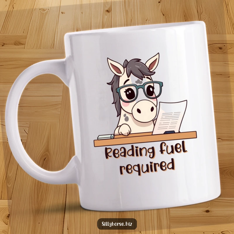 Funny curious spotted horse wearing glasses, peering intently at a document on a desk, smart and humorous gift mug.