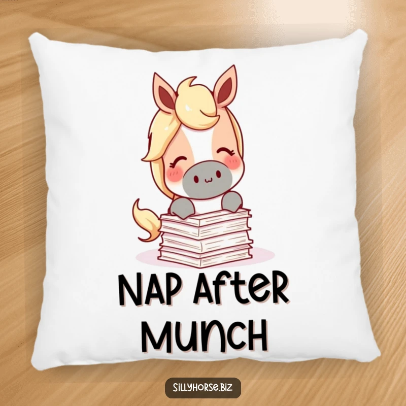 Funny Pillow depicting a content horse happily munching on a miniature stack of papers, perfect for a cozy reading nook.