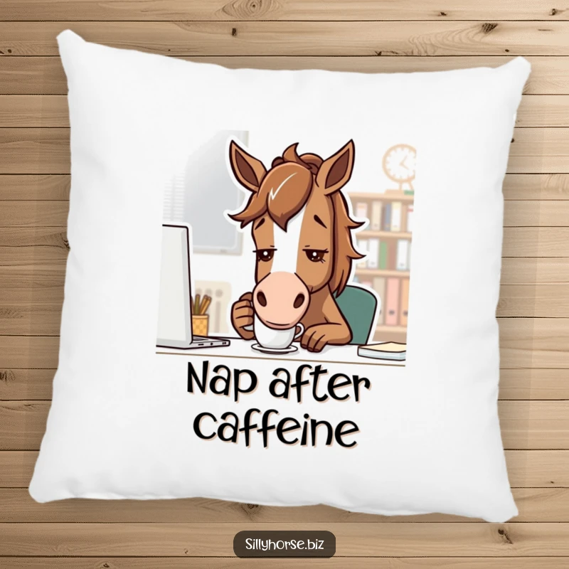 Funny brown horse with a determined look, sipping coffee from a small mug, soft and humorous decorative pillow, perfect funny gift.