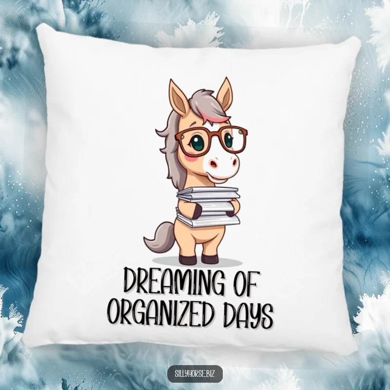 Funny pillow showcasing a studious horse character with glasses, playfully balancing a precarious stack of papers, adding charm.
