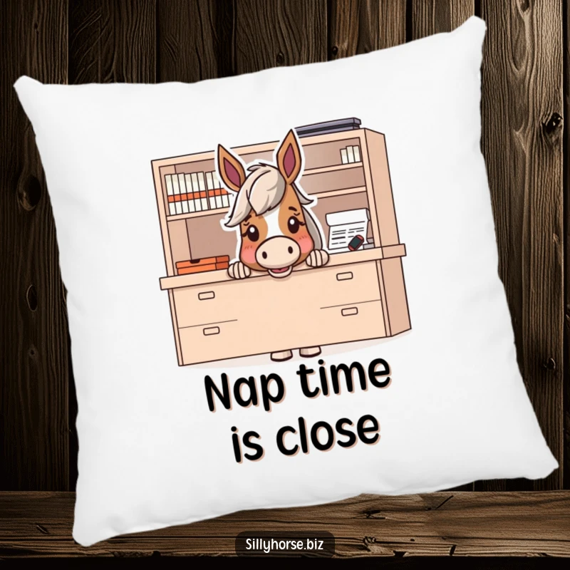 Funny pillow showcasing a horse character peeking out from behind a large desk with an excited and playful expression.