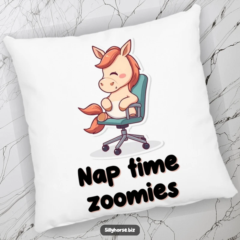 Funny Pillow depicting an energetic horse playfully nudging a rolling office chair, perfect for a humorous accent.