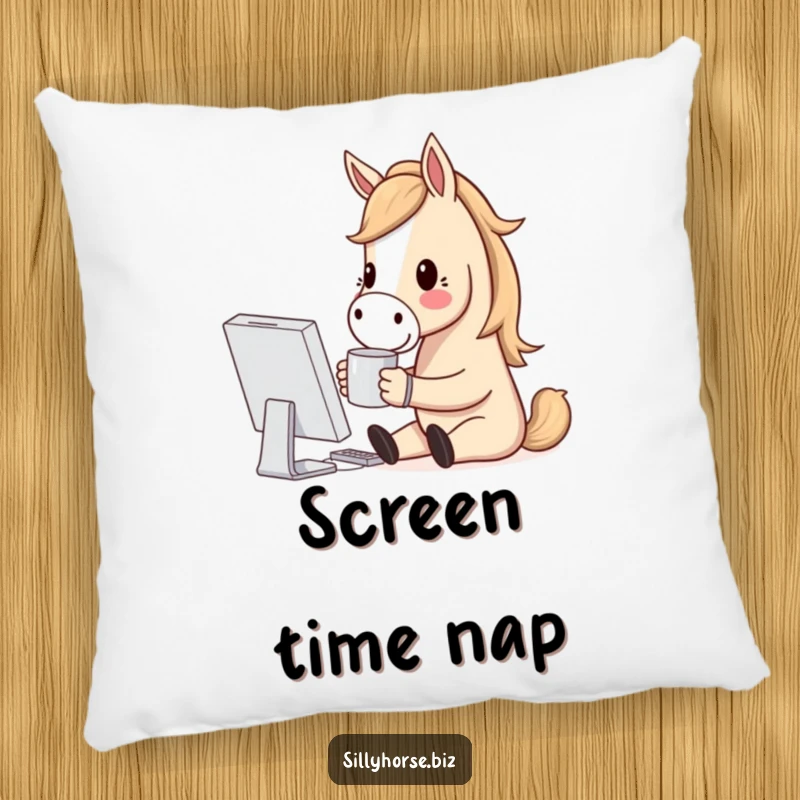 Funny pillow showcasing a horse character holding a coffee mug, smiling at a computer screen, perfect for a relaxed tech vibe.