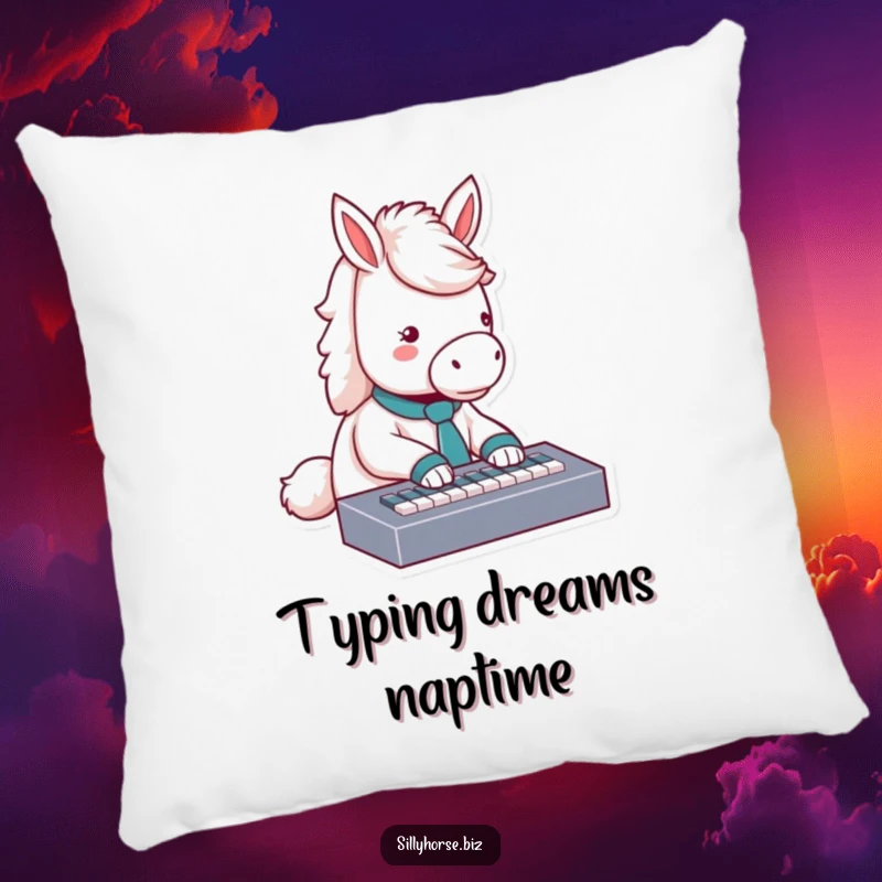 Funny fluffy white horse in a tiny tie, typing enthusiastically on a miniature keyboard, soft and humorous decorative pillow, funny gift.