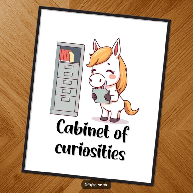 Funny digital art print of a giggling horse, eyes closed in mirth, attempting to file papers into a comically small filing cabinet.