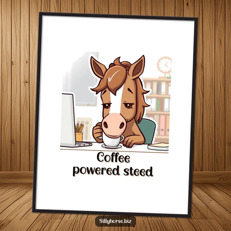 Funny brown horse with determined look, sipping coffee from a small mug, motivational and humorous digital wall art, funny gift.