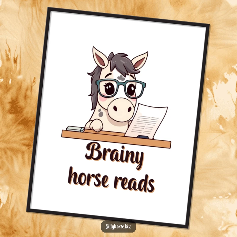 Funny curious spotted horse wearing glasses, peering at a document, intelligent and humorous digital wall art, funny gift.