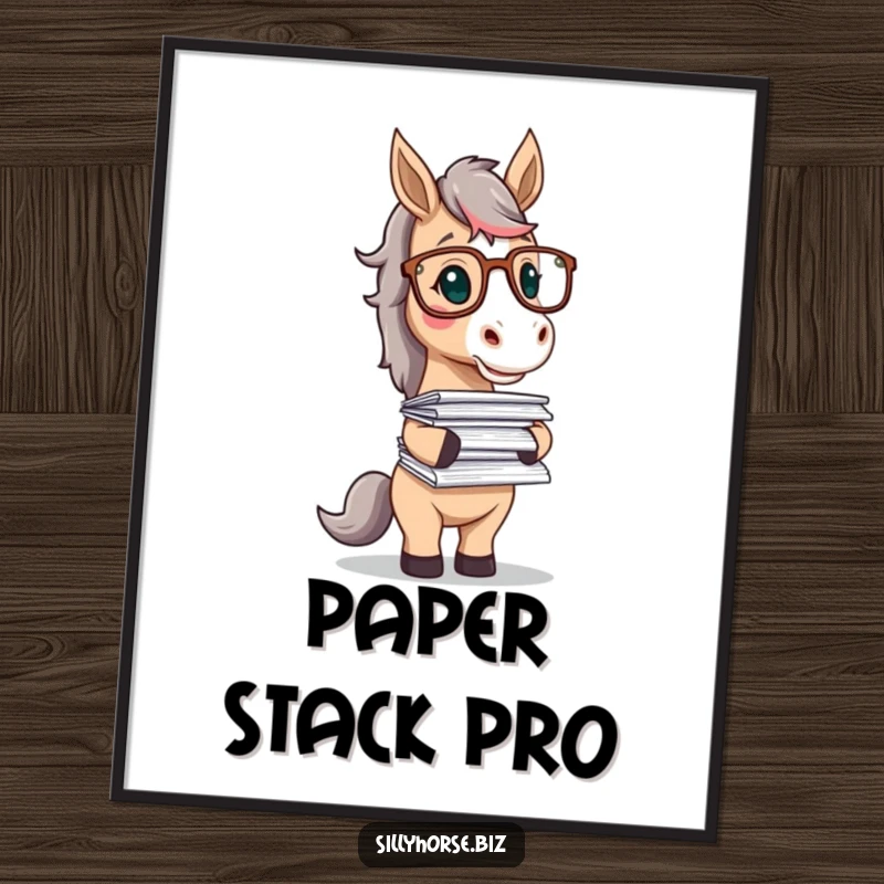 Funny digital art print of a horse character wearing glasses, playfully balancing a huge stack of papers, symbolizing intellectual fun.