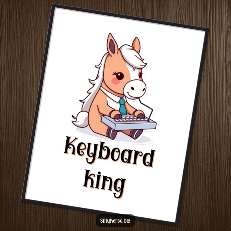 Funny digital art print of a horse character in a business tie, enthusiastically typing on a tiny keyboard with humorous office energy.