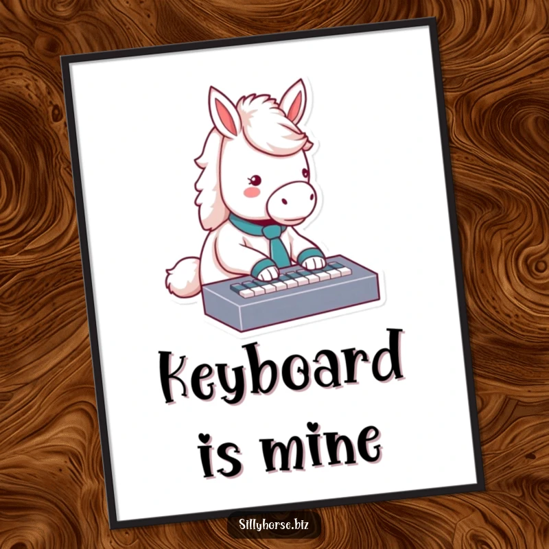Funny fluffy white horse with a tie, typing enthusiastically on a miniature keyboard, high-resolution humorous digital art print, funny gift.