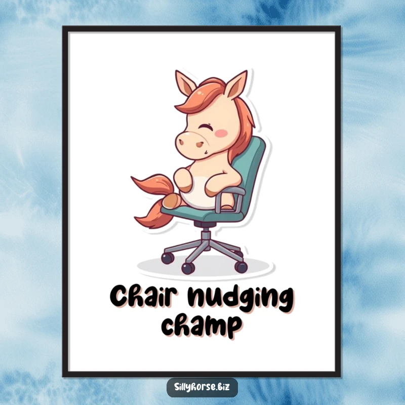 Funny Digital Art Print of an energetic horse playfully nudging a rolling office chair, capturing office absurdity.