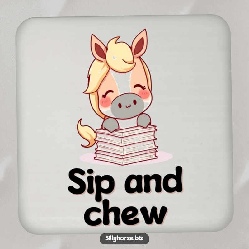Funny Drink Coasters featuring a content horse munching on a miniature stack of papers, perfect for book lovers.