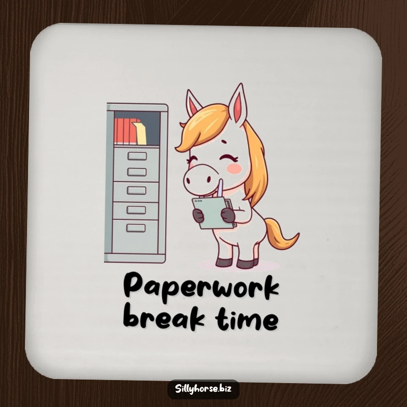 Funny coaster depicting a giggling horse, finding extreme amusement in the act of filing documents into a miniature cabinet.