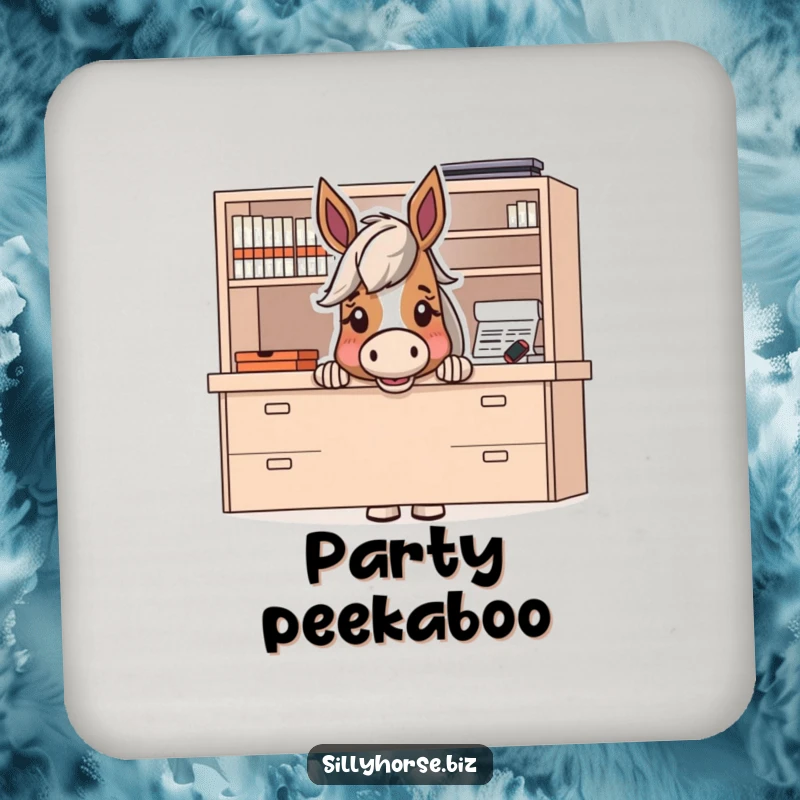 Funny drink coaster with a horse character peeking excitedly from behind a large desk, adding a playful surprise element.