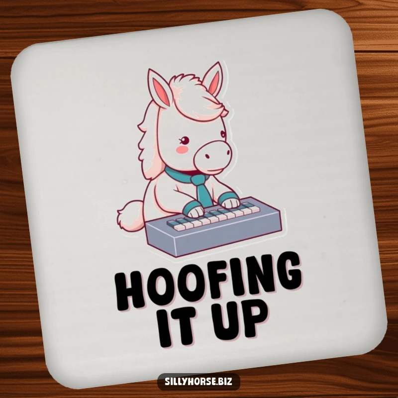 Funny fluffy white horse wearing a tie, typing diligently on a miniature keyboard, protective and humorous drink coaster, funny gift.