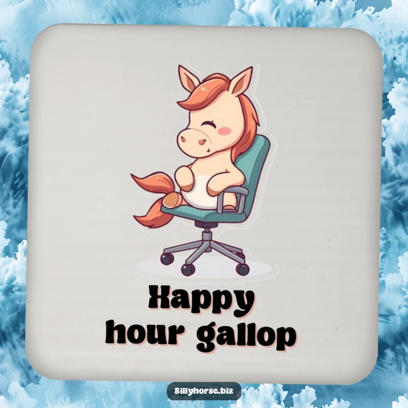 Funny Drink Coasters illustrating an energetic horse playfully nudging a rolling office chair, perfect for office humor.