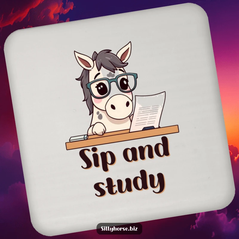 Funny curious spotted horse wearing glasses, peering at a document, humorous desk accessory coaster, practical and funny gift.
