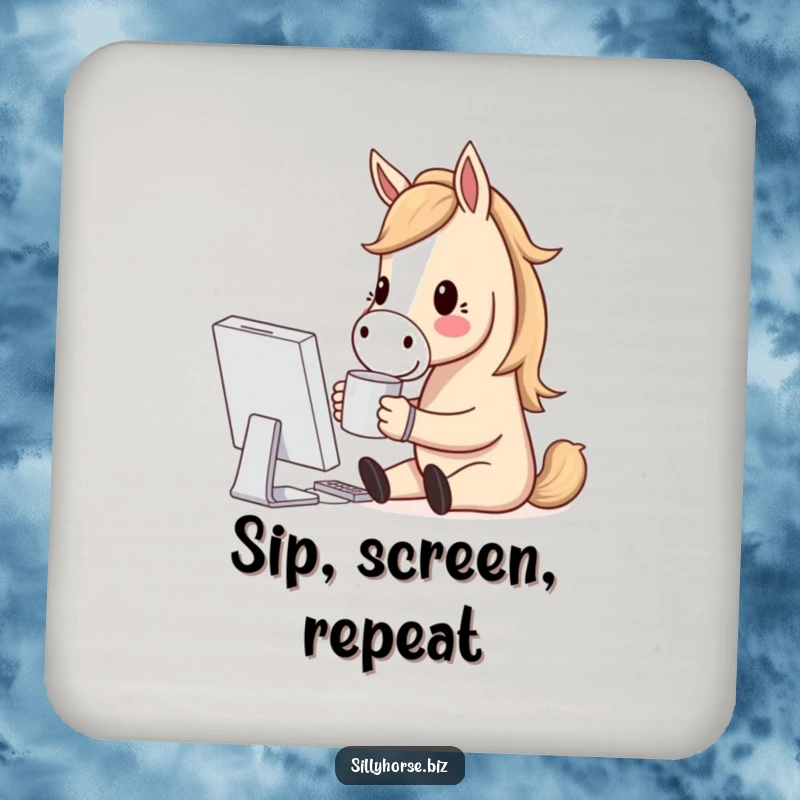 Funny drink coaster with a horse character holding a coffee mug, smiling at a computer screen, perfect for techy décor.