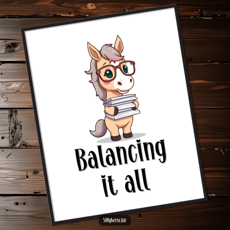 Funny poster of a horse character wearing glasses, playfully balancing a huge stack of papers, celebrating academic endeavors with humor.