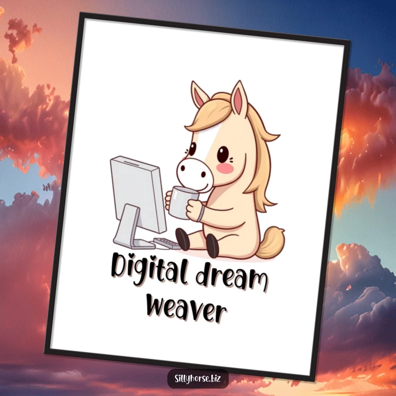 Funny poster of a horse character holding a coffee mug, smiling at a computer screen, symbolizing the joy of digital work.