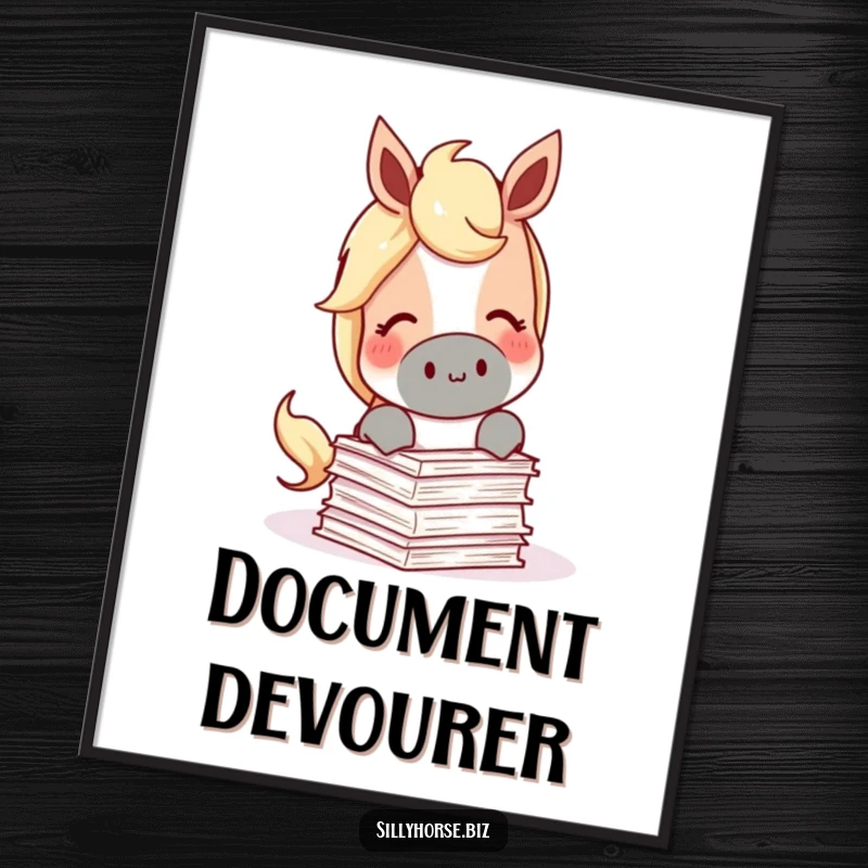 Funny Poster print of a content horse happily munching on a miniature stack of papers, symbolizing a passion for reading.