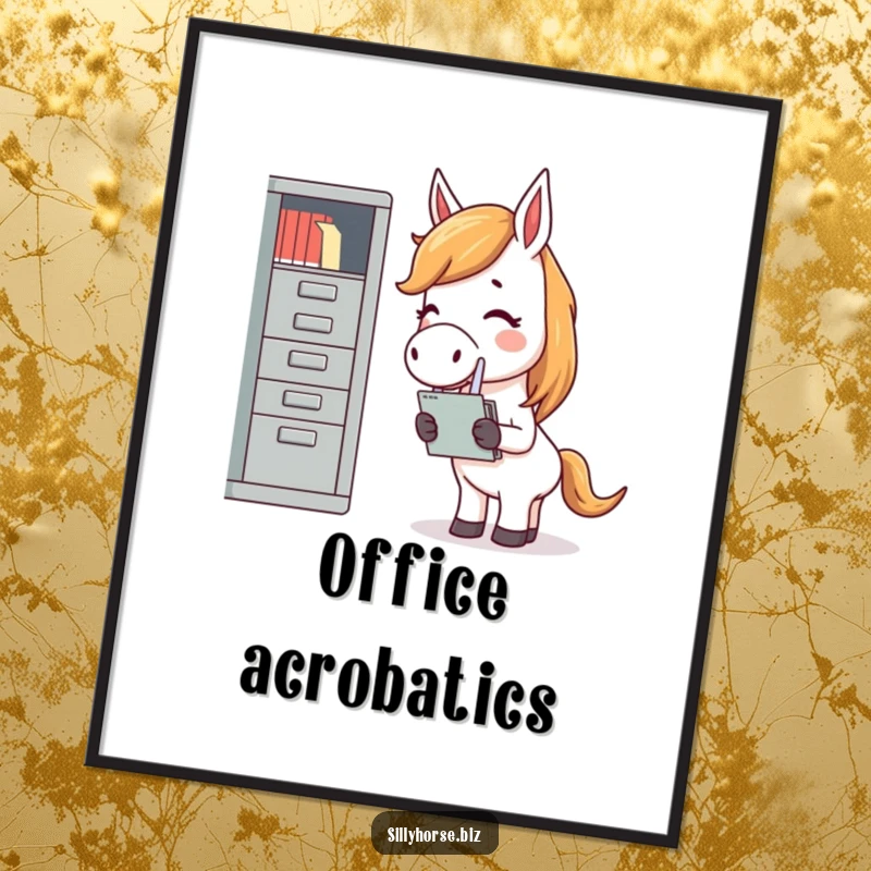 Funny poster of a giggling horse, eyes squeezed shut in laughter, attempting to file papers into a ridiculously small cabinet.