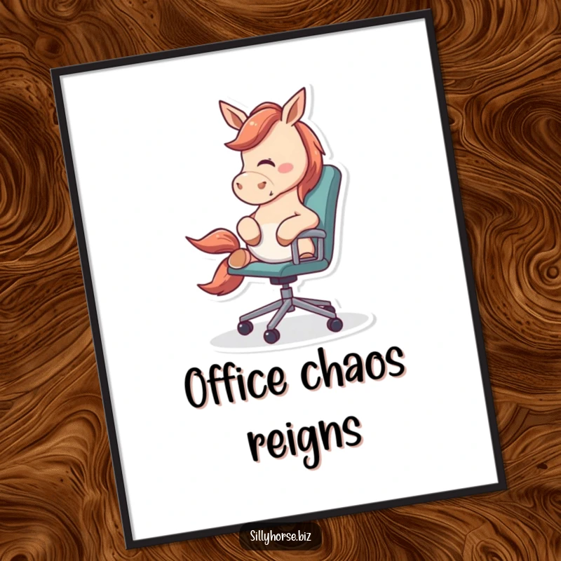 Funny Poster showcasing an energetic horse playfully nudging a rolling office chair, creating a humorous scene.