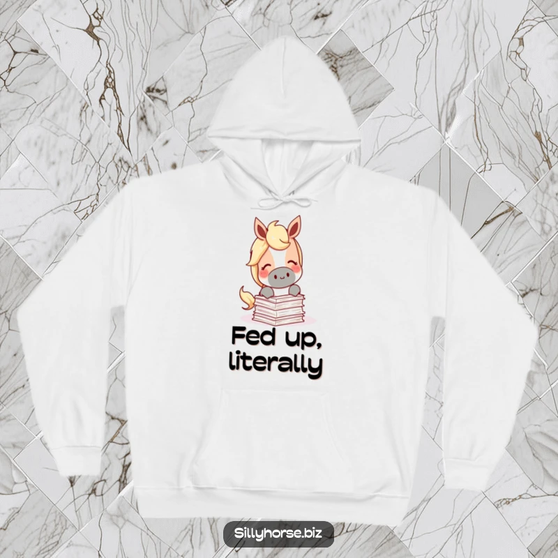 Funny Hoodie showcasing a content horse happily munching on a miniature stack of papers, perfect for cozy reading.