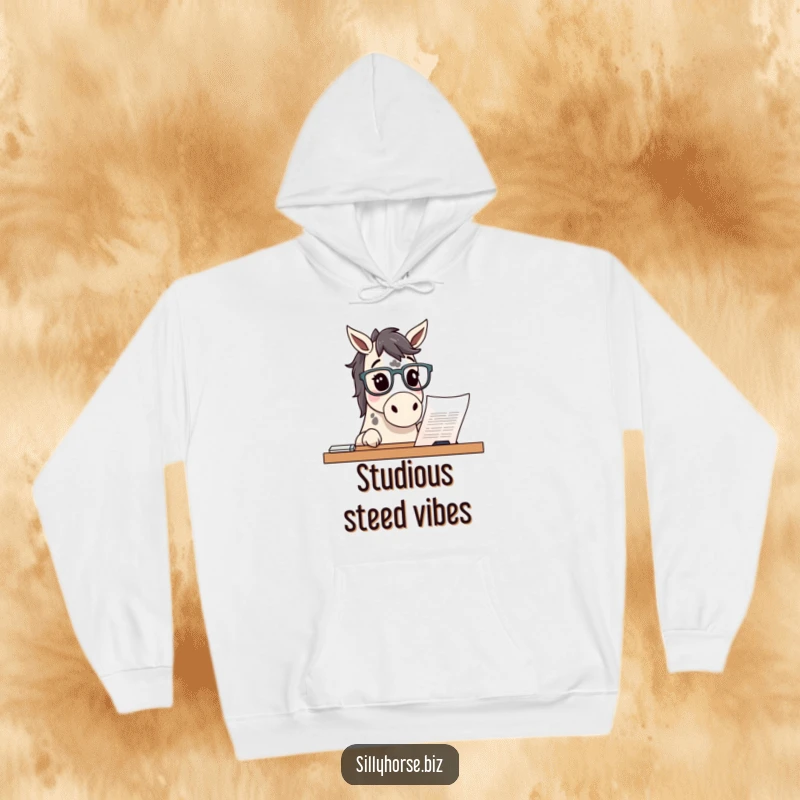 Funny curious spotted horse wearing glasses, peering at a document on a desk, warm and humorous hoodie, perfect funny gift.