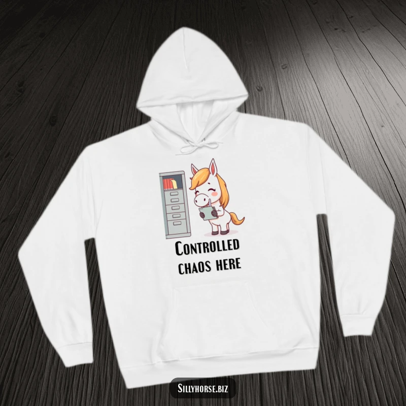 Funny hoodie showing a giggling horse, overwhelmed and laughing while attempting to file papers into a comically small cabinet.