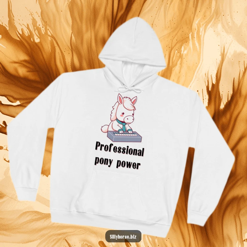 Funny, cozy hoodie featuring a fluffy white horse with a tie, enthusiastically typing on a small keyboard, ideal funny gift.