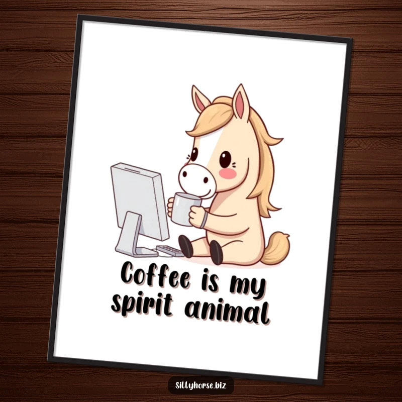 Funny Free Printable Wall Art: A content horse holds a coffee mug, smiling warmly at a computer monitor.