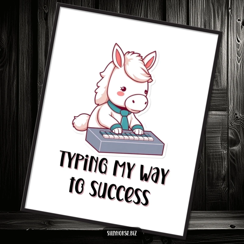 Funny free printable wall art: a fluffy white horse wearing a tiny tie types with great enthusiasm on a miniature keyboard.