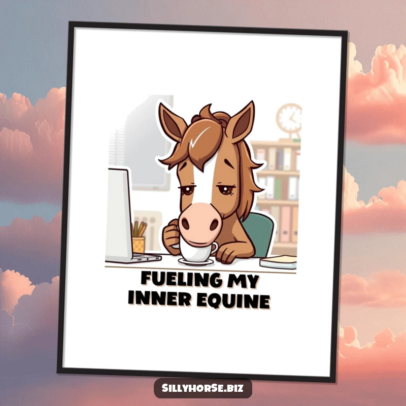 Funny free printable wall art: a determined brown horse sips coffee from a small mug in a sophisticated office setting.