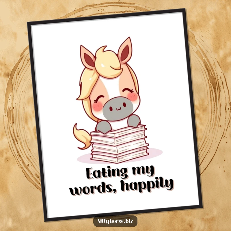 Funny Free Printable Wall Art: A content horse happily munching on a miniature stack of papers, creating quirky and cute office decor.