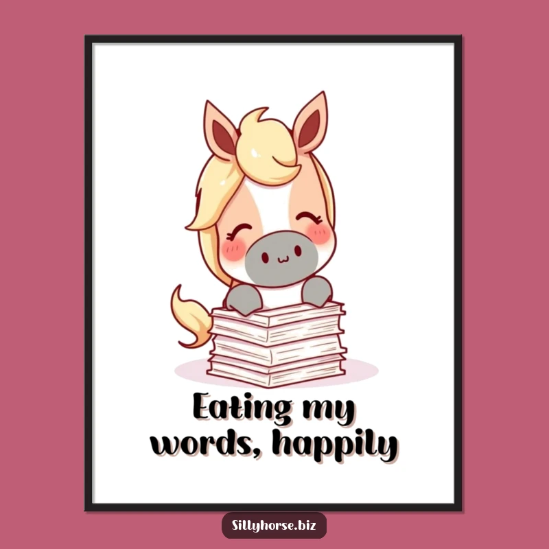Funny Free Printable Wall Art: Horse Eating Papers, Quirky Office Decor, Cute Downloadable Art