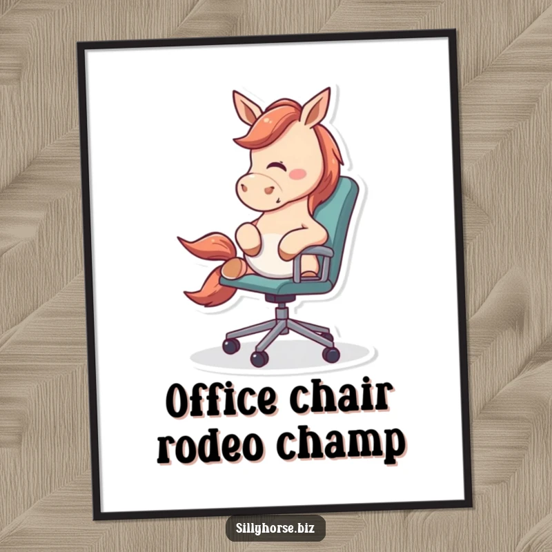 Funny Free Printable Wall Art: An energetic horse playfully nudging a rolling office chair, creating quirky and humorous office decor.
