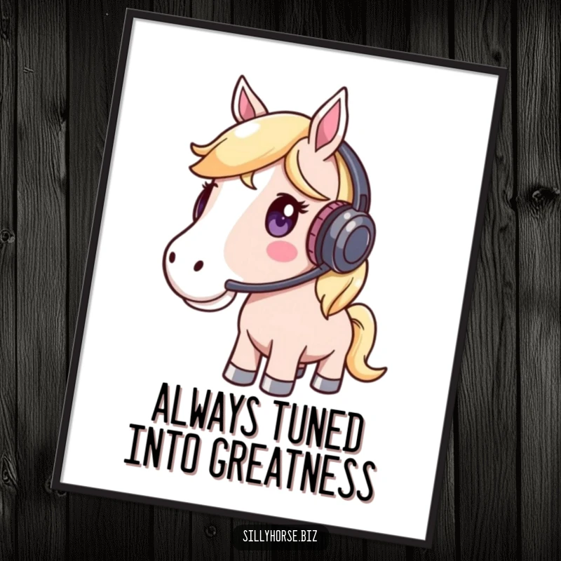 Funny Free Printable Wall Art: A whimsical horse wearing a headset, listening intently, creating quirky and witty office decor.